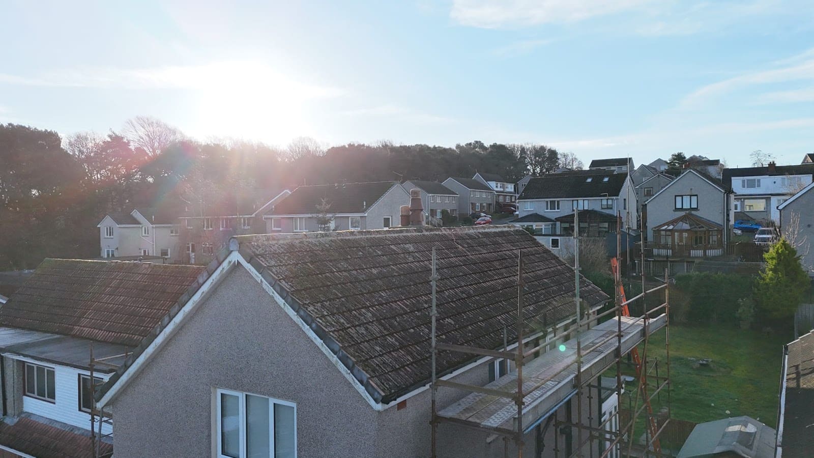 Moss-covered tiled roof before moss removal
